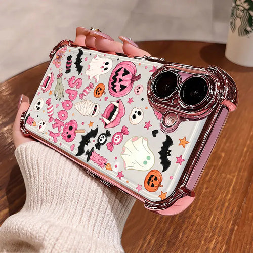 4-Corner Anti-Fall, Cute Candy Pumpkin Ghost Design, Transparent Non-Yellowing Shockproof Cover for iPhone 17 Pro Max,16 Plus,15,14,13,12,11,XR,XS & Samsung Galaxy S26,S25,S24,S23,S22, Girls' Gift.JL119, Cute Accessories - Color: Pink, Size: iPhone 17 Pro Max